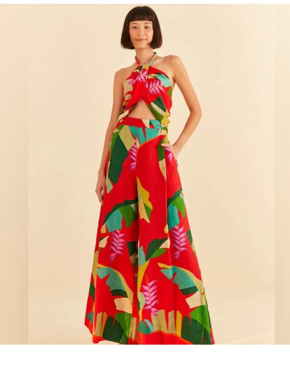 Farm Rio Heliconia Red Floral Print Wide Leg Linen Pants Size Small